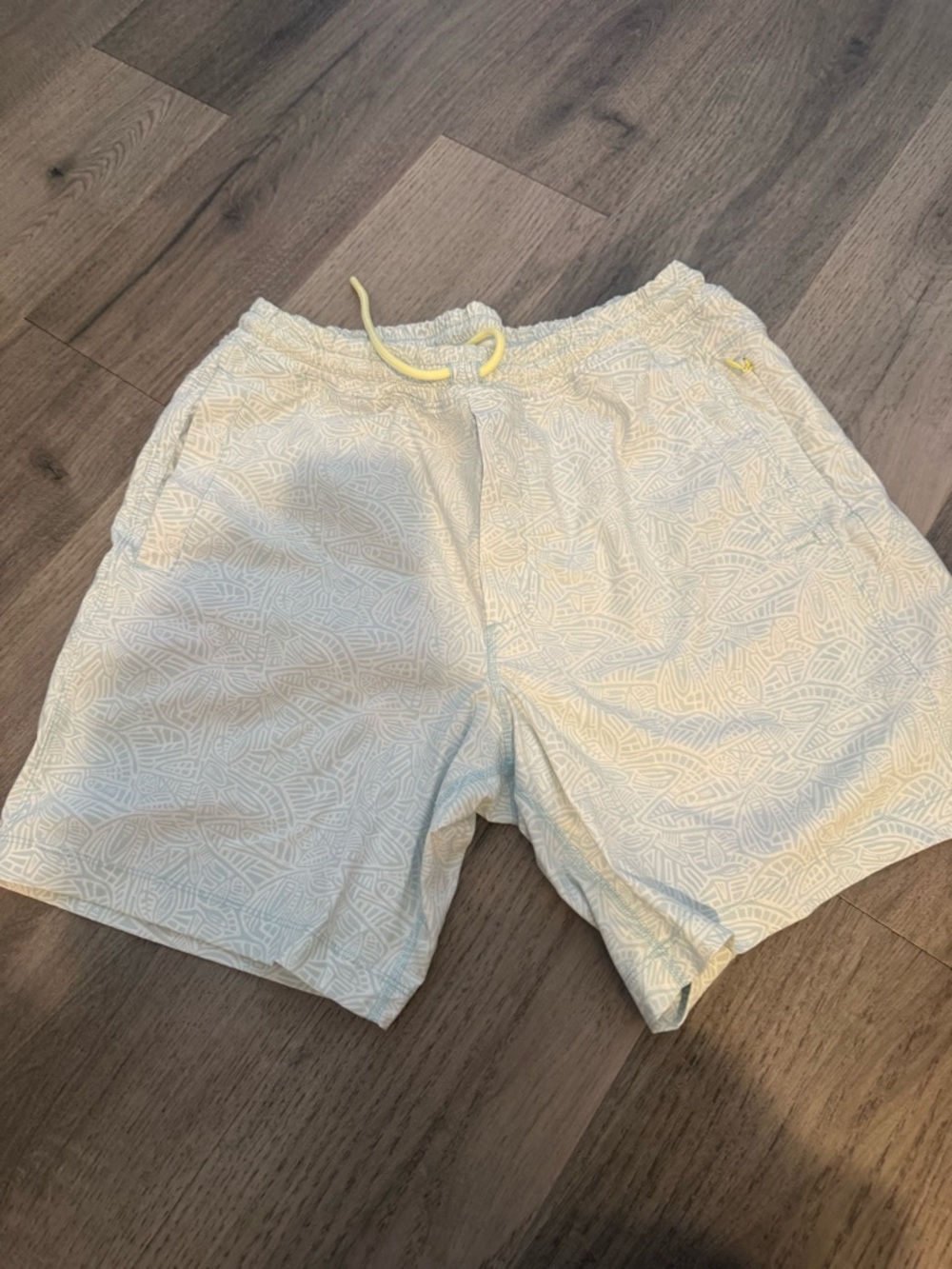 Birddogs Light Cream Patterned Swim Shorts with Yellow Drawcord